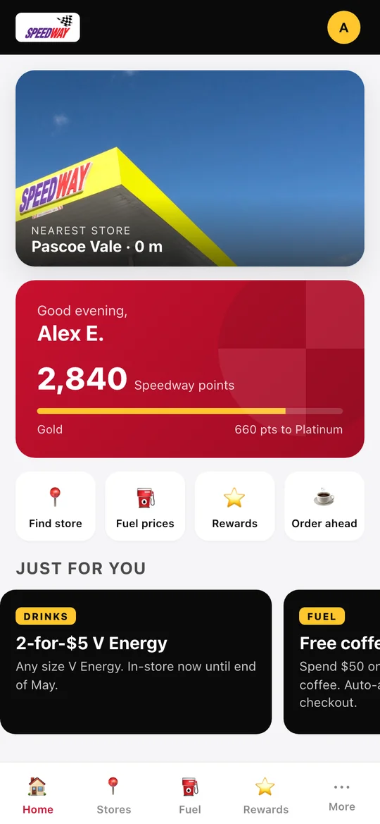 Speedway Rewards app home screen