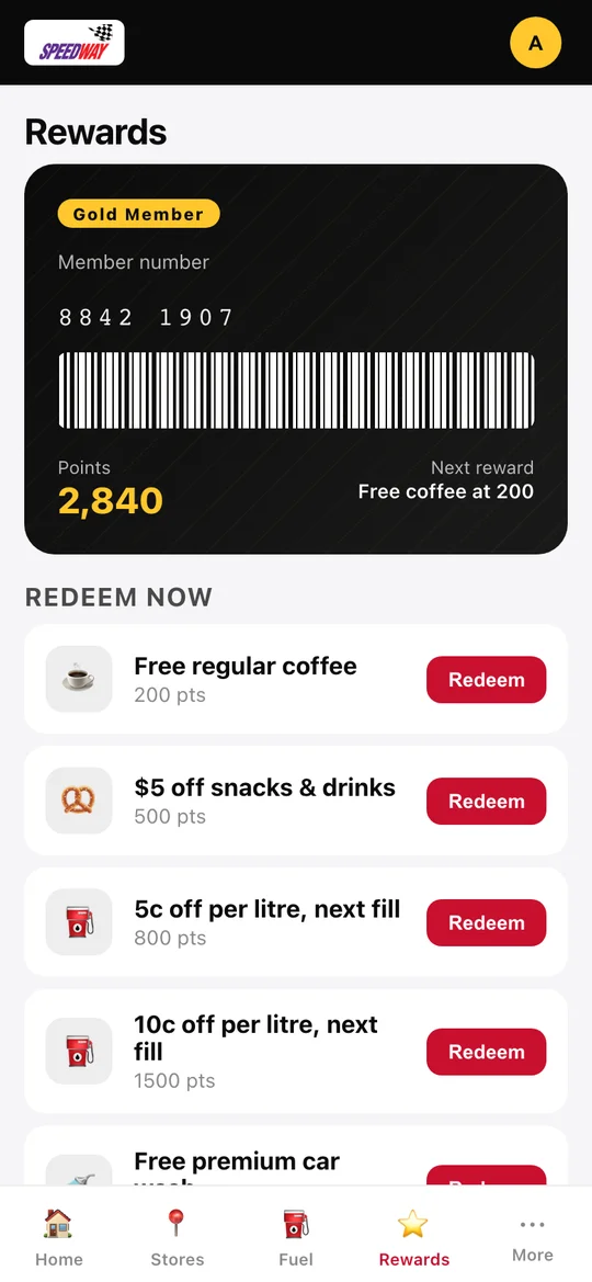 Speedway Rewards redeem screen